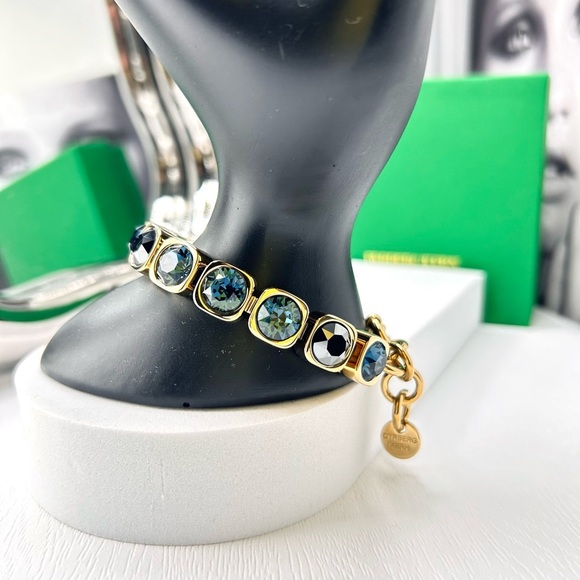 Denim Blue Crystal Bracelet, Gold Plated Chunky Dark Blue Tennis Bracelet - Picture 7 of 9